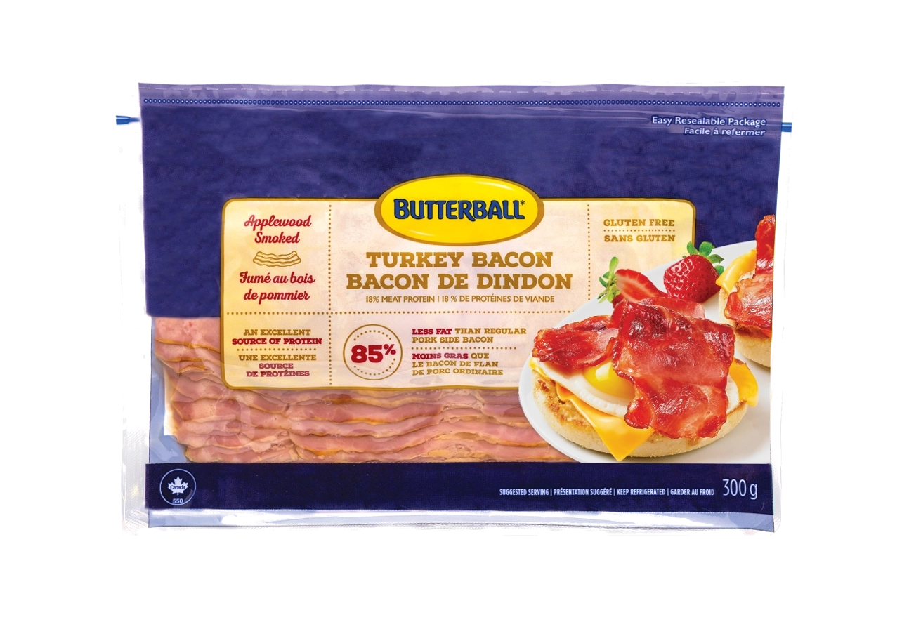 Butterball applewood smoked turkey bacon product packshot.