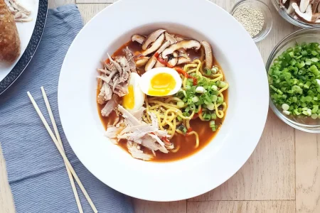 Leftover turkey ramen soup topped with green onions and boiled egg.