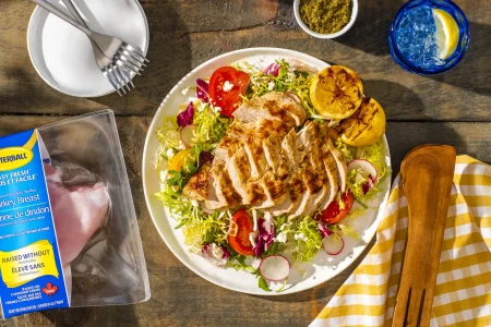 GRILLED-TURKEY-SUMMER-SALAD-043-16x9-2 Grilled turkey breast summer salad with lemon on the side.