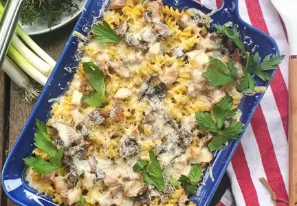 Picture2 A delicious leftover turkey and mushroom pasta bake on a table.