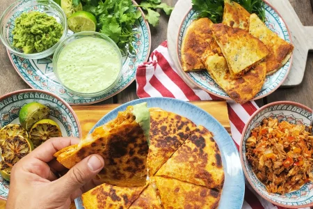 Turkey-Leftovers-Shahir-Spicy-Quesadilla-Platter-scaled-1 Spicy quesadilla made with leftover turkey filling with lemon, mint chutney on the side.