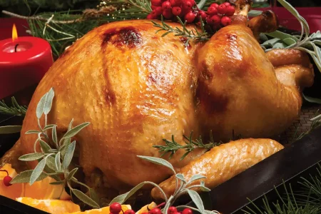 almond-apricot-turkey-stuffing-1 Roasted whole turkey with cranberries decorated for Christmas.