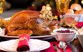 7-Tips-Image Roasted whole turkey placed a thanksgiving dinner table.