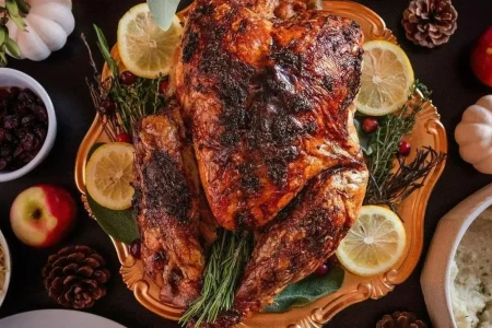 NEWWW Roasted whole turkey garnished with lemon and cranberries.