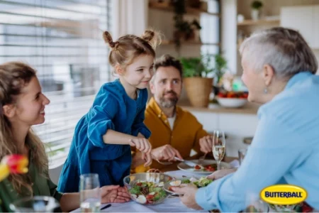 Family having breast seated on a dining table.
