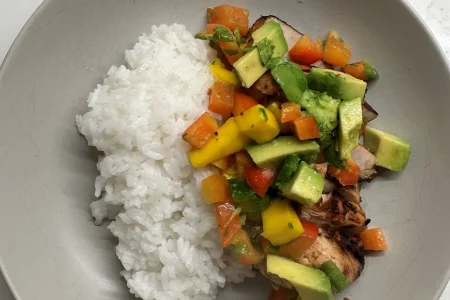 Sticky rice and turkey salad in a bowl
