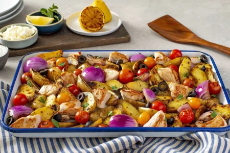 Grilled turkey breast with vegetables on a sheet pan.