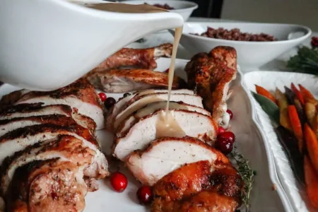 Mary-Tang Sliced turkey roast with gravy on the top.