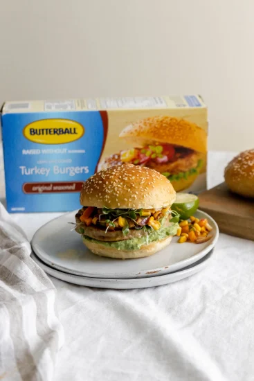 Summer Turkey Burgers with Charred Corn Salsa & Creamy Avocado Sauce